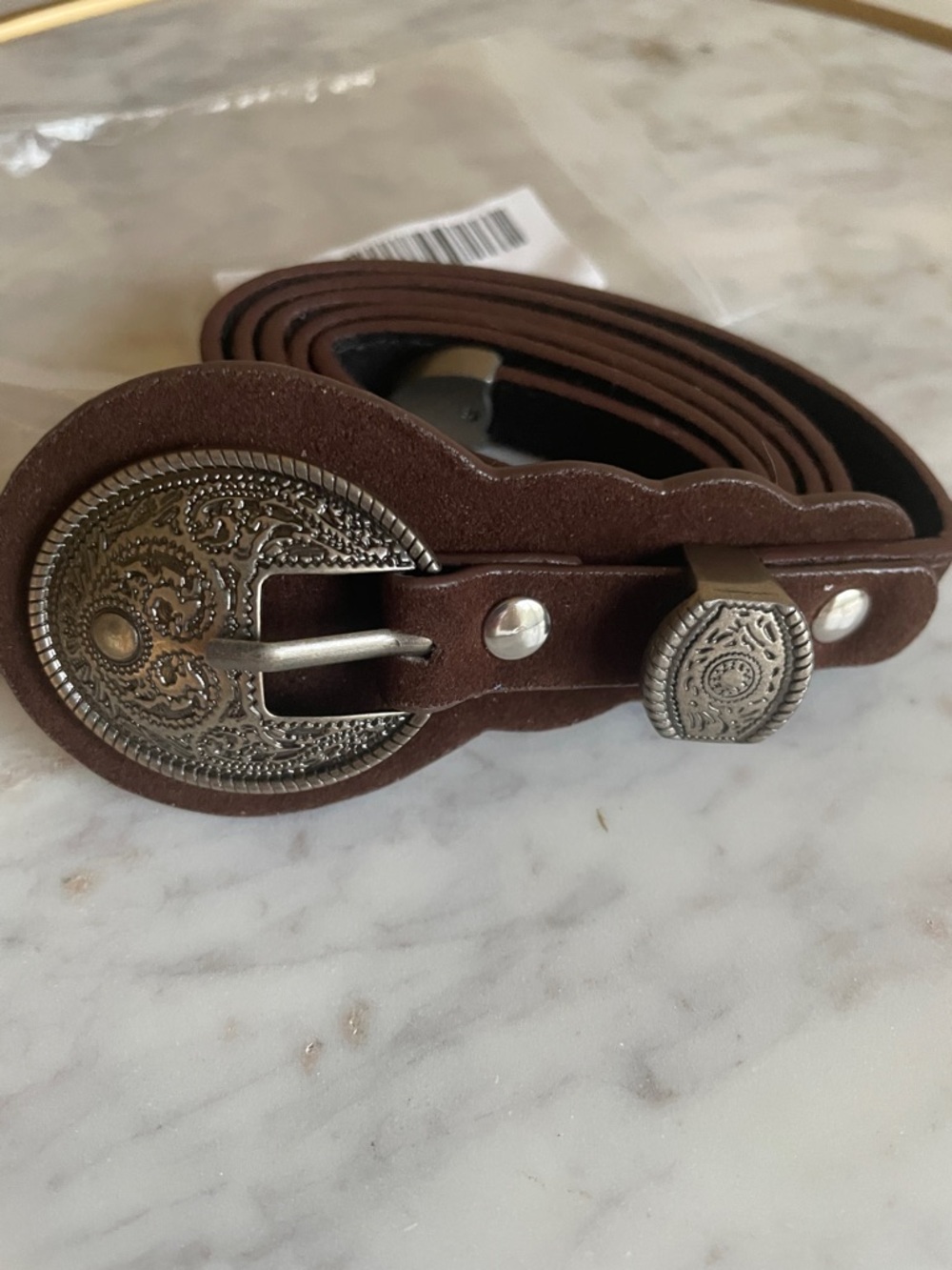 Brown Suede Western-Style Belt with Ornate Silver Buckle